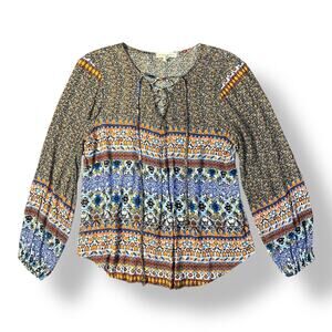 Farmers Market Woven‎ Mixed Print Lace-Up Neck Blouse Womens Size M Boho
